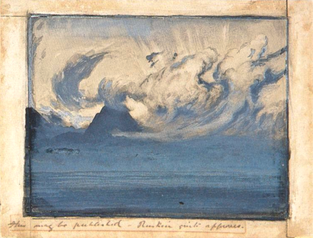 Painting of storm over the ocean with islands in the background